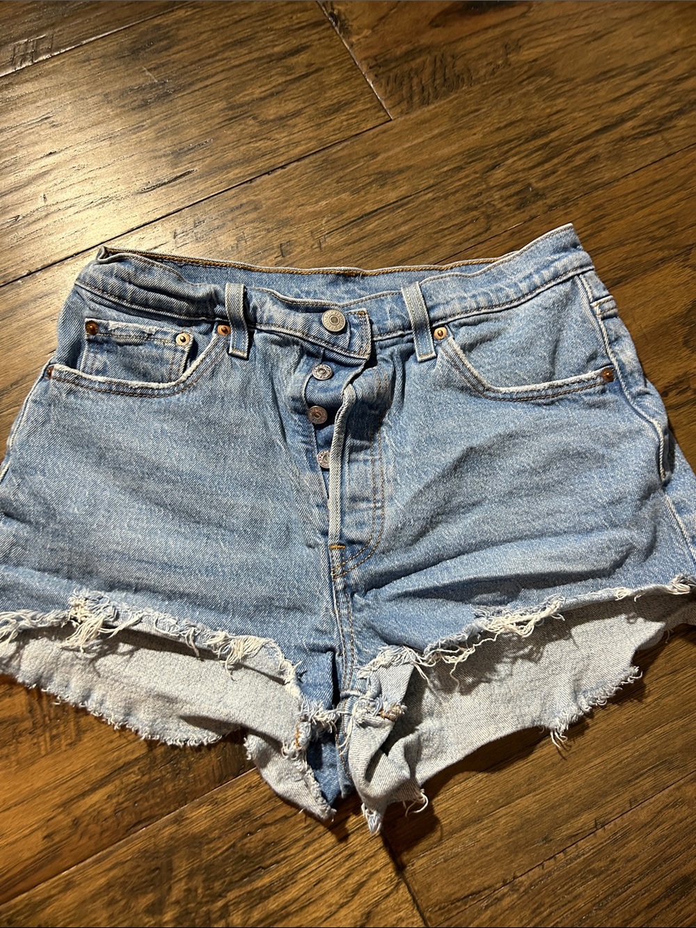 Levi's Light Blue Distressed High-Rise Denim Shorts